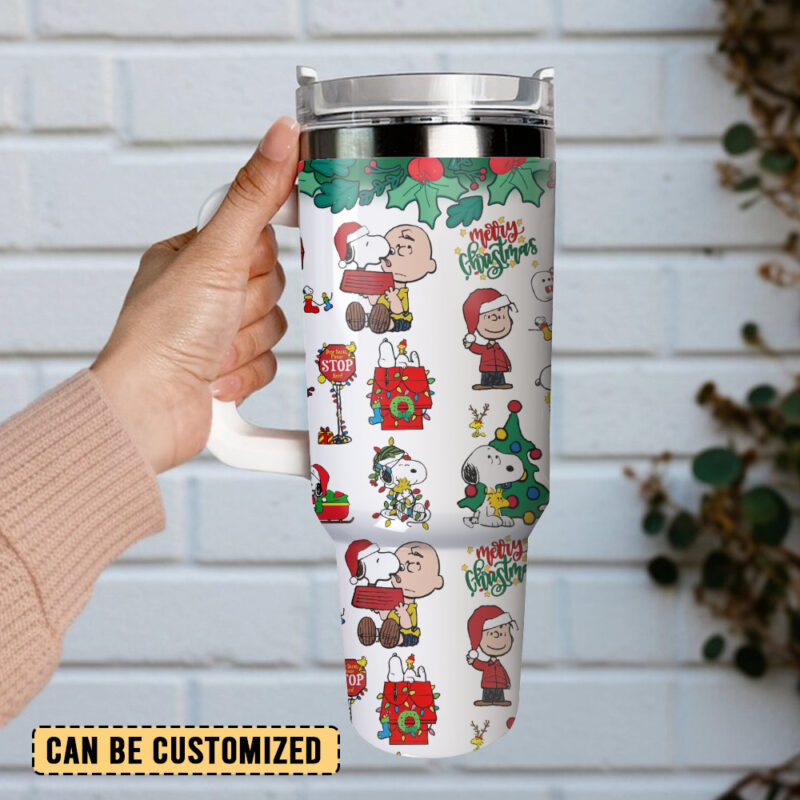 Snoopy and Charlie Brown Peanuts Cartoon Christmas Custom Stanley Quencher 40oz Stainless Steel Tumbler With Handle - Threewoofs - Image 2