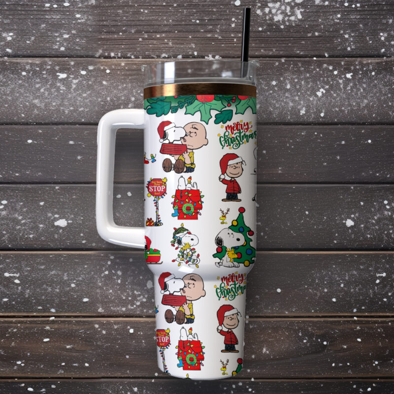 Snoopy and Charlie Brown Peanuts Cartoon Christmas Custom Stanley Quencher 40oz Stainless Steel Tumbler With Handle - Threewoofs - Image 3