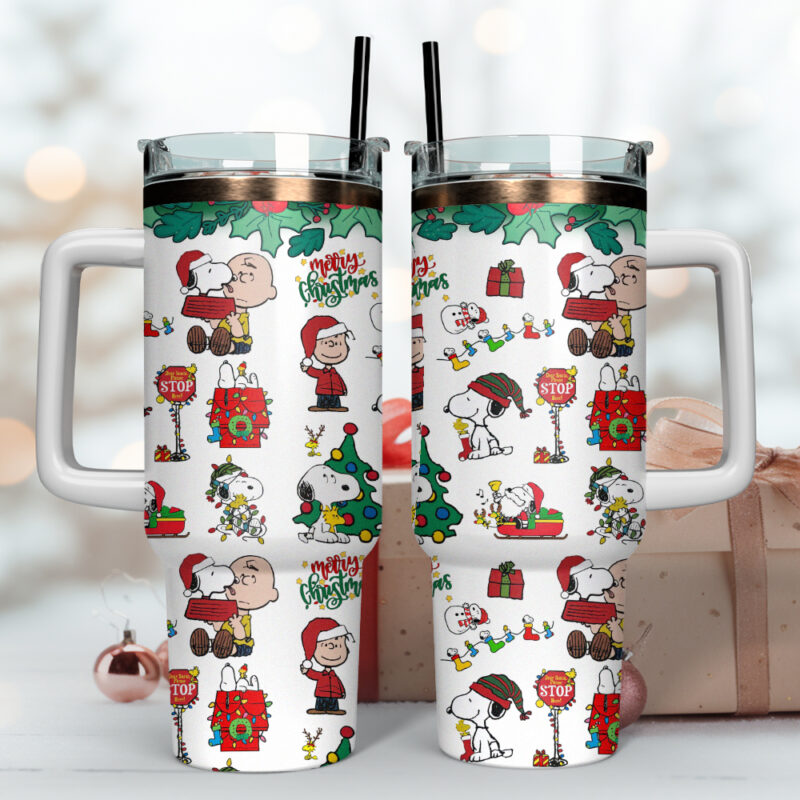 Snoopy and Charlie Brown Peanuts Cartoon Christmas Custom Stanley Quencher 40oz Stainless Steel Tumbler With Handle - Threewoofs - Image 4
