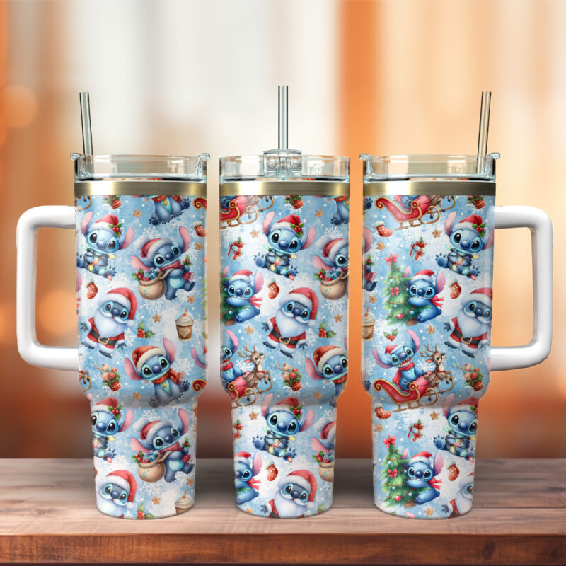 Stitch Cartoon Christmas Custom Stanley Quencher 40oz Stainless Steel Tumbler With Handle - Threewoofs