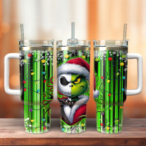 The Grinch and Jack Skellington Movies Christmas Custom Stanley Quencher 40oz Stainless Steel Tumbler With Handle - Threewoofs