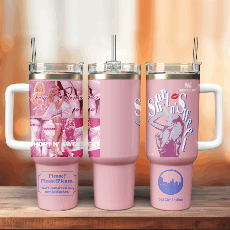 Sabrina Carpenter x Short n‚Äô Sweet Music Custom Stanley Quencher 40oz Stainless Steel Tumbler With Handle - Threewoofs - Image 3