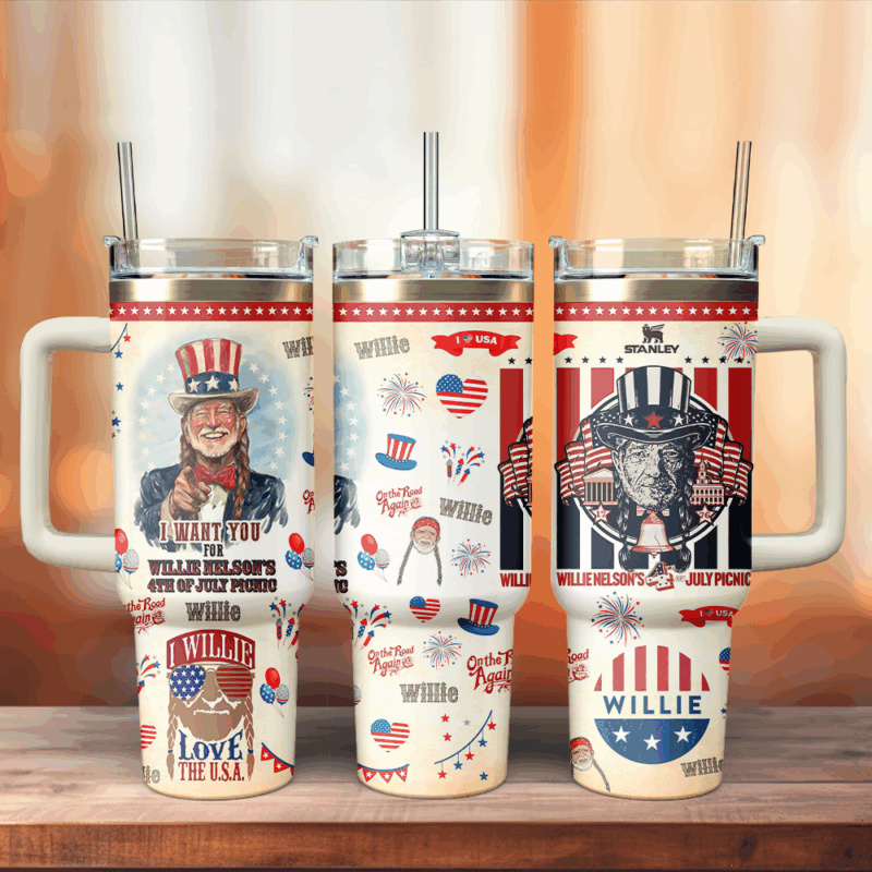 Willie Nelson x Independence Day Music Custom Stanley Quencher 40oz Stainless Steel Tumbler With Handle - Threewoofs - Image 2