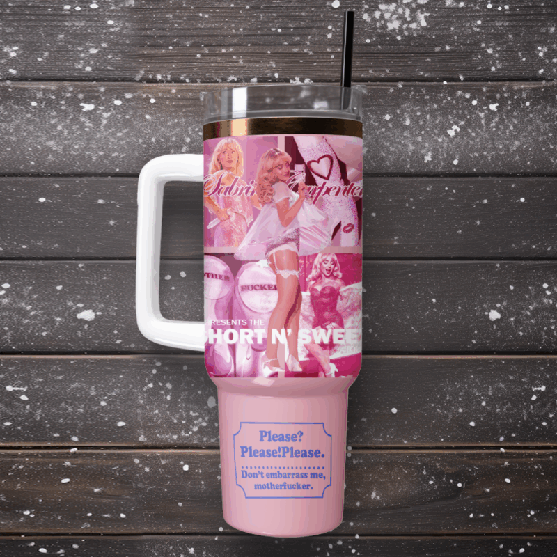 Sabrina Carpenter x Short n‚Äô Sweet Music Custom Stanley Quencher 40oz Stainless Steel Tumbler With Handle - Threewoofs - Image 4