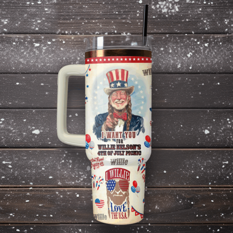 Willie Nelson x Independence Day Music Custom Stanley Quencher 40oz Stainless Steel Tumbler With Handle - Threewoofs - Image 3