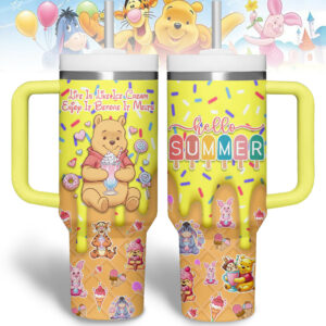 Winnie The Pooh Cartoon Custom Stanley Quencher 40oz Stainless Steel Tumbler With Handle - Threewoofs