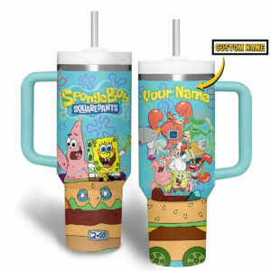 SpongeBob SquarePants Cartoon Custom Stanley Quencher 40oz Stainless Steel Tumbler With Handle - Threewoofs