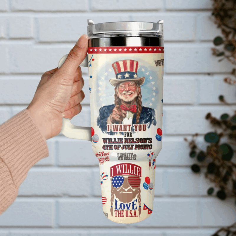 Willie Nelson x Independence Day Music Custom Stanley Quencher 40oz Stainless Steel Tumbler With Handle - Threewoofs - Image 5
