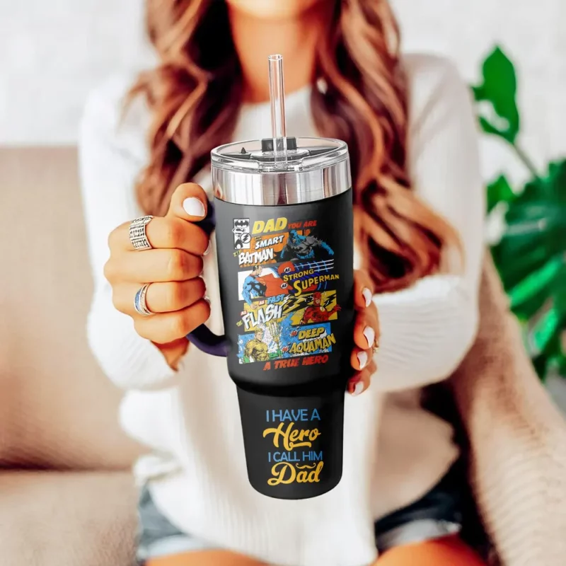 Father‚Äôs Day x Superman Movies Custom Stanley Quencher 40oz Stainless Steel Tumbler With Handle - Threewoofs - Image 2
