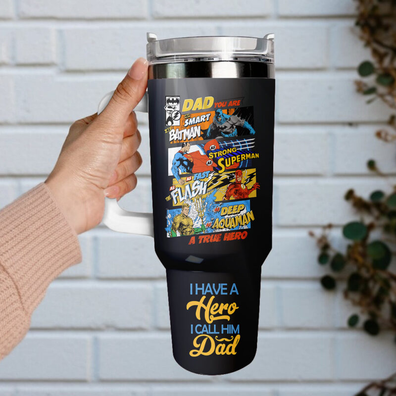 Father‚Äôs Day x Superman Movies Custom Stanley Quencher 40oz Stainless Steel Tumbler With Handle - Threewoofs - Image 3