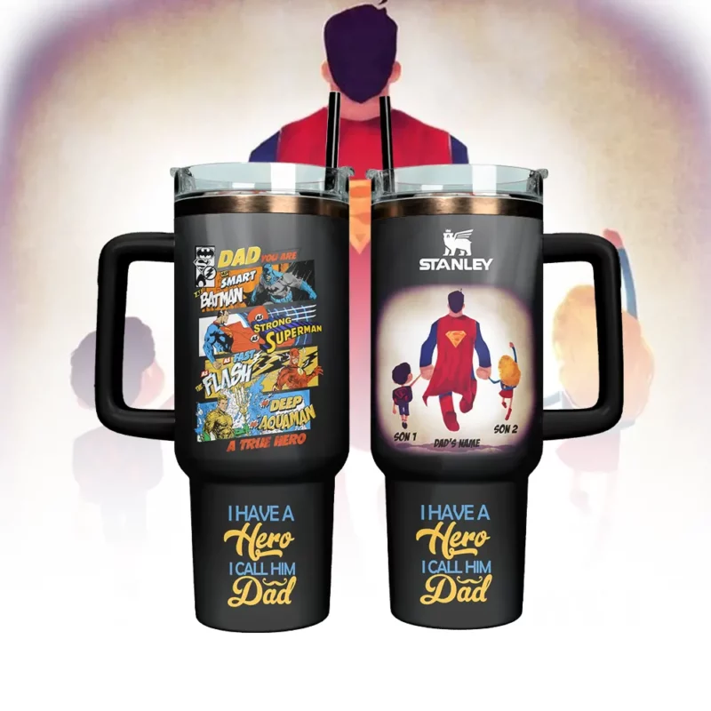 Father‚Äôs Day x Superman Movies Custom Stanley Quencher 40oz Stainless Steel Tumbler With Handle - Threewoofs