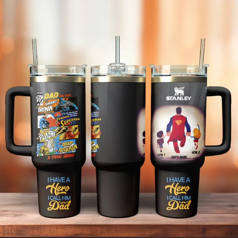 Father‚Äôs Day x Superman Movies Custom Stanley Quencher 40oz Stainless Steel Tumbler With Handle - Threewoofs - Image 4