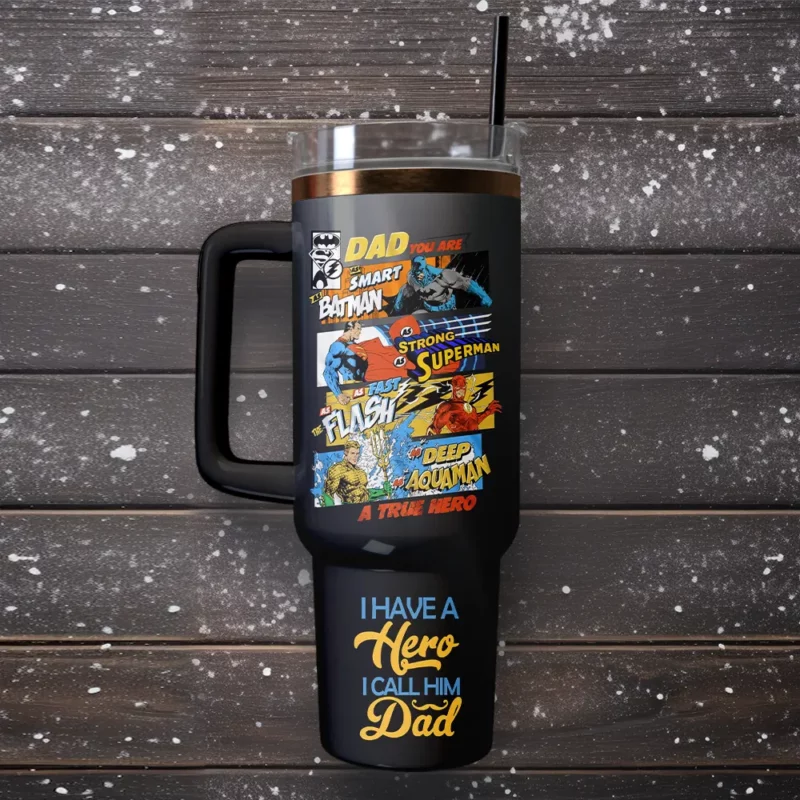 Father‚Äôs Day x Superman Movies Custom Stanley Quencher 40oz Stainless Steel Tumbler With Handle - Threewoofs - Image 5