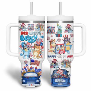 Bluey Cartoon Custom Stanley Quencher 40oz Stainless Steel Tumbler With Handle - Threewoofs