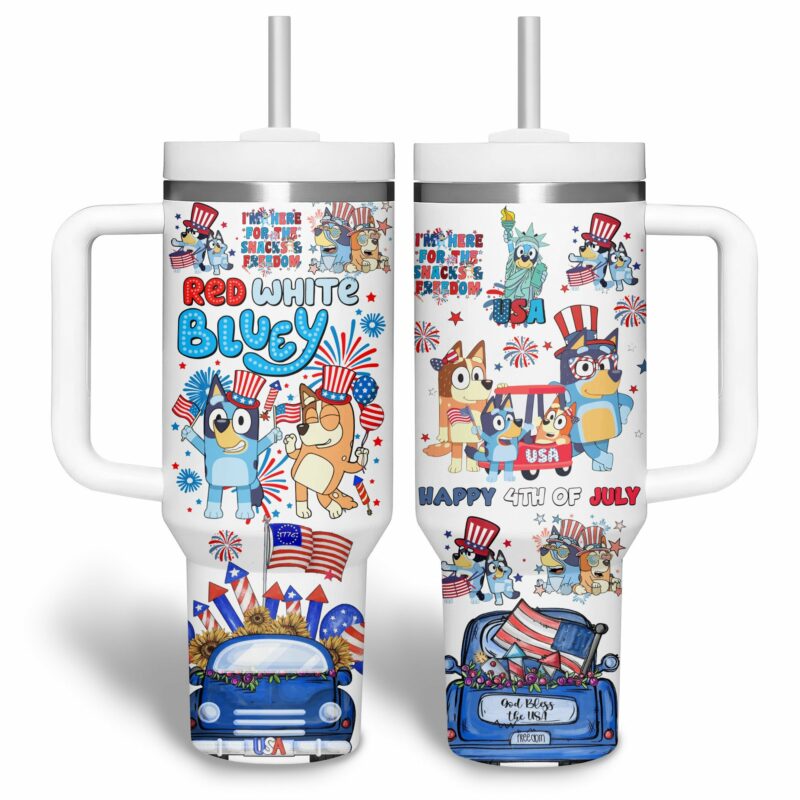 Bluey Cartoon Custom Stanley Quencher 40oz Stainless Steel Tumbler With Handle - Threewoofs