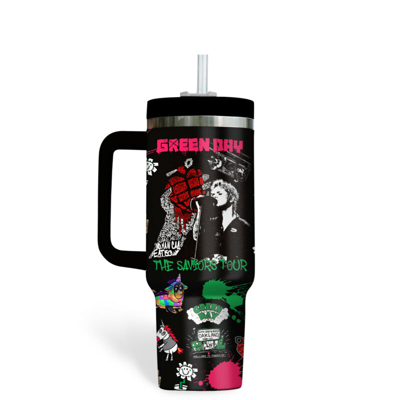 Green Day Music Custom Stanley Quencher 40oz Stainless Steel Tumbler With Handle - Threewoofs - Image 3