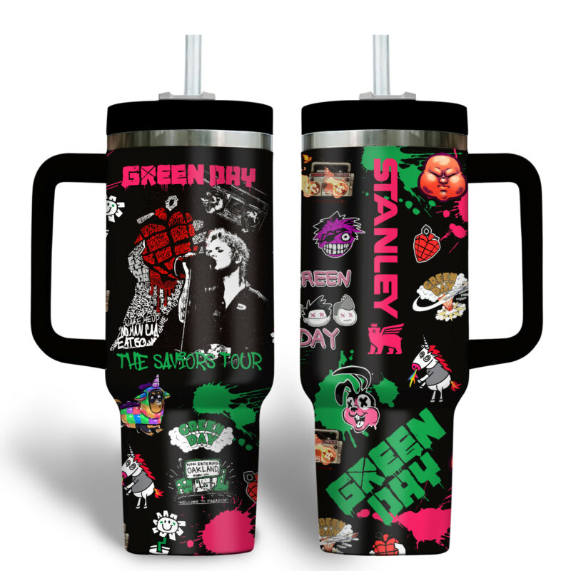 Green Day Music Custom Stanley Quencher 40oz Stainless Steel Tumbler With Handle - Threewoofs - Image 2