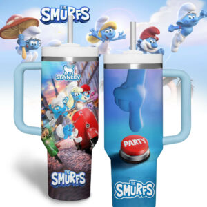 The Smurfs Cartoon Custom Stanley Quencher 40oz Stainless Steel Tumbler With Handle - Threewoofs