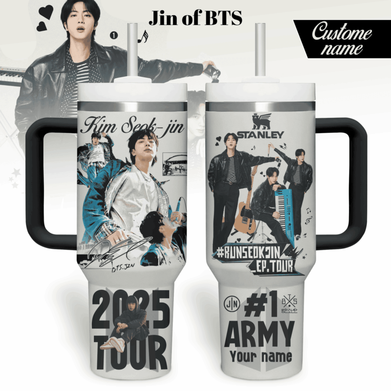 Jin BTS Music Custom Stanley Quencher 40oz Stainless Steel Tumbler With Handle - Threewoofs