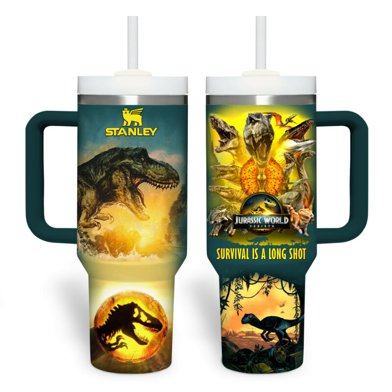 Jurassic World Movies Custom Stanley Quencher 40oz Stainless Steel Tumbler With Handle - Threewoofs - Image 2
