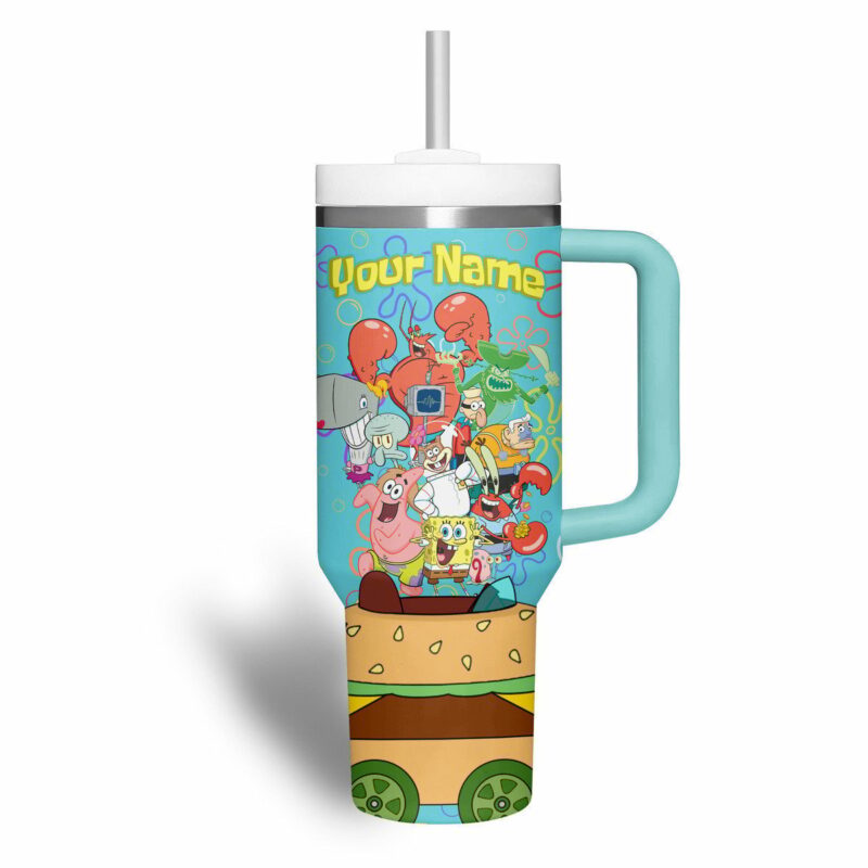 SpongeBob SquarePants Cartoon Custom Stanley Quencher 40oz Stainless Steel Tumbler With Handle - Threewoofs - Image 3