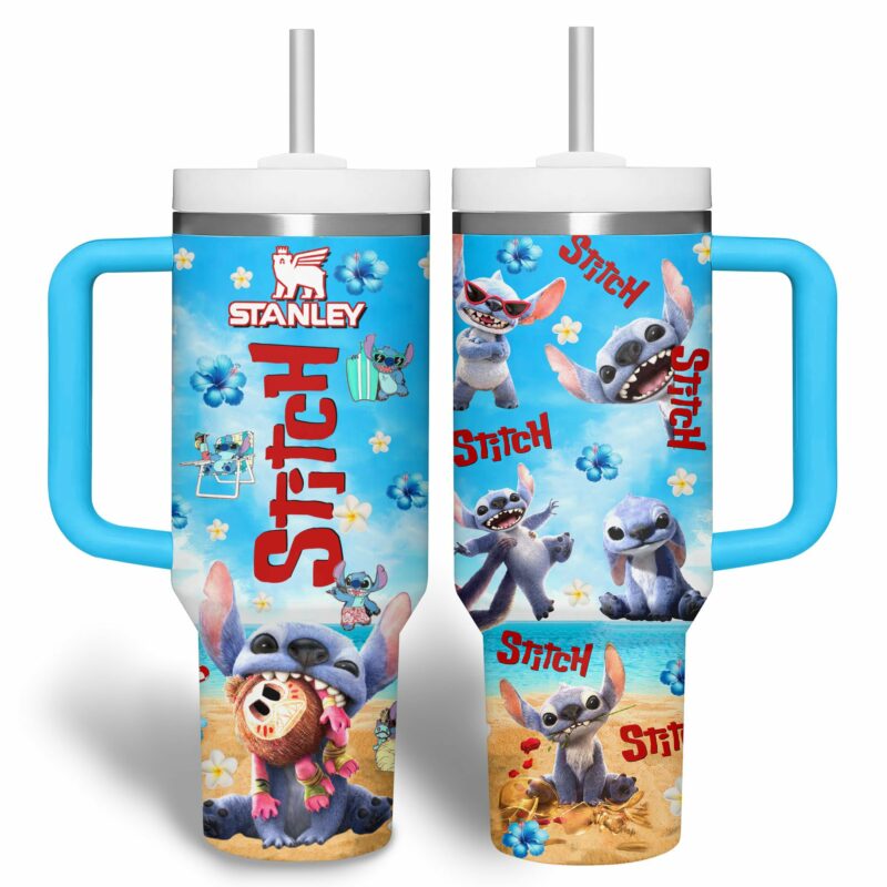 Stitch Cartoon Custom Stanley Quencher 40oz Stainless Steel Tumbler With Handle - Threewoofs - Image 2