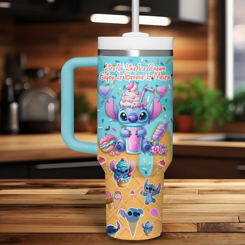 Stitch Cartoon Custom Stanley Quencher 40oz Stainless Steel Tumbler With Handle - Threewoofs - Image 3