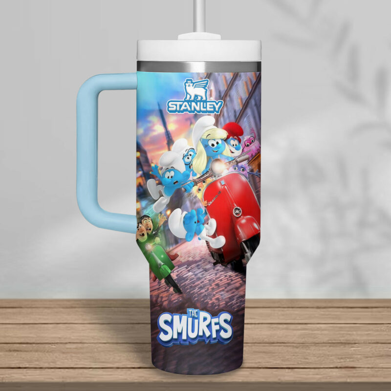 The Smurfs Cartoon Custom Stanley Quencher 40oz Stainless Steel Tumbler With Handle - Threewoofs - Image 3
