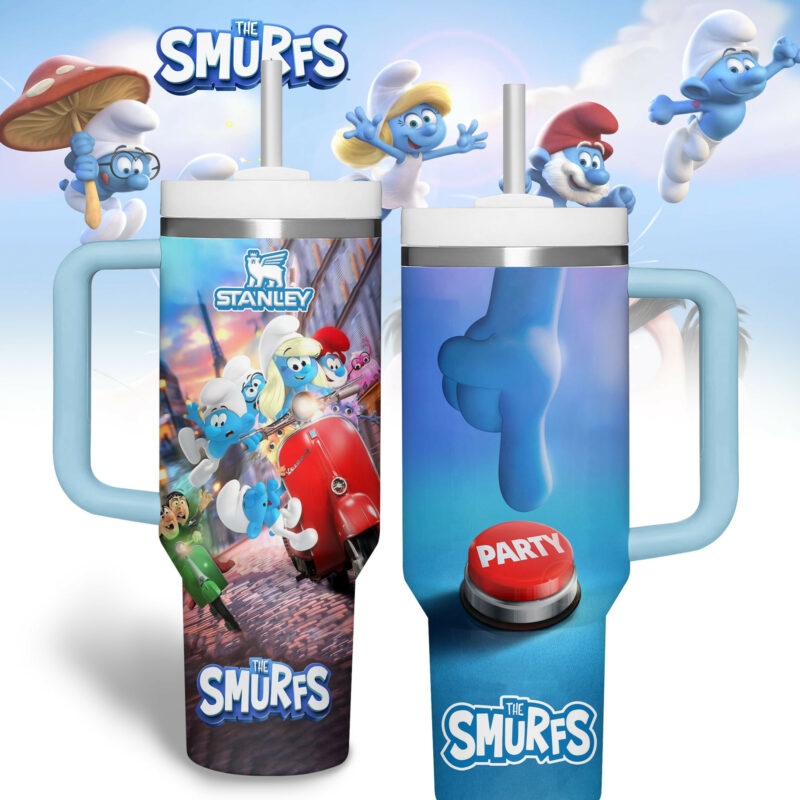 The Smurfs Cartoon Custom Stanley Quencher 40oz Stainless Steel Tumbler With Handle - Threewoofs