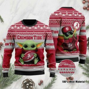 Alabama Crimson Tide Grogu Baby Yoda Hug Logo Ugly Christmas Sweater, NCAA Christmas Sweater