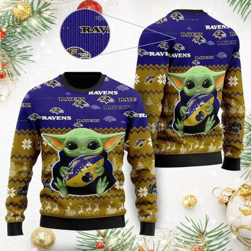 Baby Yoda Baltimore Ravens Ugly Christmas Sweater, NFL Christmas Sweater