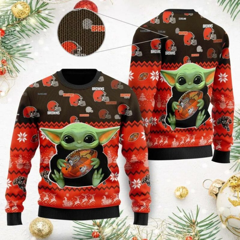 Baby Yoda Cleveland Browns Ugly Christmas Sweater, NFL Christmas Sweater