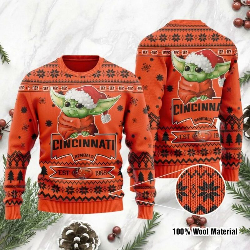 Baby Yoda Grogu Cincinnati Bengals Ugly Christmas Sweater, NFL Christmas Sweater