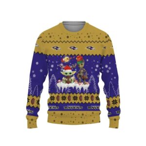 Baby Yoda Groot Cute Baltimore Ravens Ugly Christmas Sweater, NFL Christmas Sweater