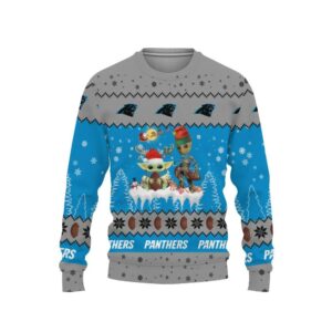 Baby Yoda Groot Cute Carolina Panthers Ugly Christmas Sweater, NFL Christmas Sweater