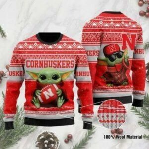 Baby Yoda Nebraska Cornhuskers Ugly Christmas Sweater, NCAA Christmas Sweater