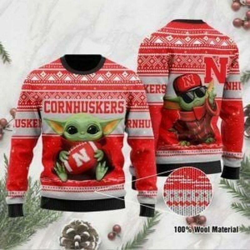 Baby Yoda Nebraska Cornhuskers Ugly Christmas Sweater, NCAA Christmas Sweater