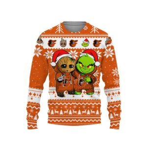 Baltimore Orioles Baby Groot And Grinch Best Friends Ugly Christmas Sweater, MLB Christmas Sweater