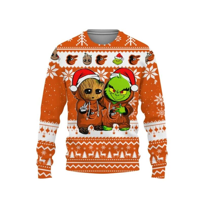 Baltimore Orioles Baby Groot And Grinch Best Friends Ugly Christmas Sweater, MLB Christmas Sweater