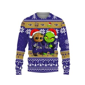 Baltimore Ravens Baby Groot And Grinch Best Friends Ugly Christmas Sweater, NFL Christmas Sweater