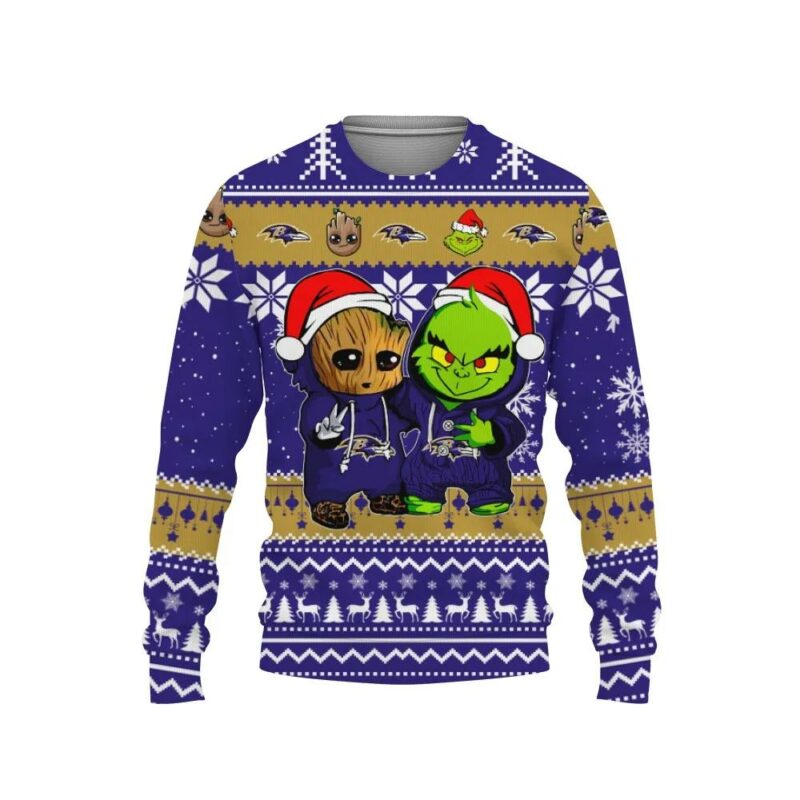 Baltimore Ravens Baby Groot And Grinch Best Friends Ugly Christmas Sweater, NFL Christmas Sweater