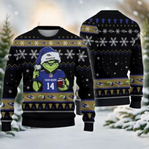 Baltimore Ravens Grinch Custom Ugly Christmas Sweater, NFL Christmas Sweater