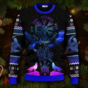 Blue Vegvisir Triple Horn Pattern Wolf Viking Ugly Christmas Sweater