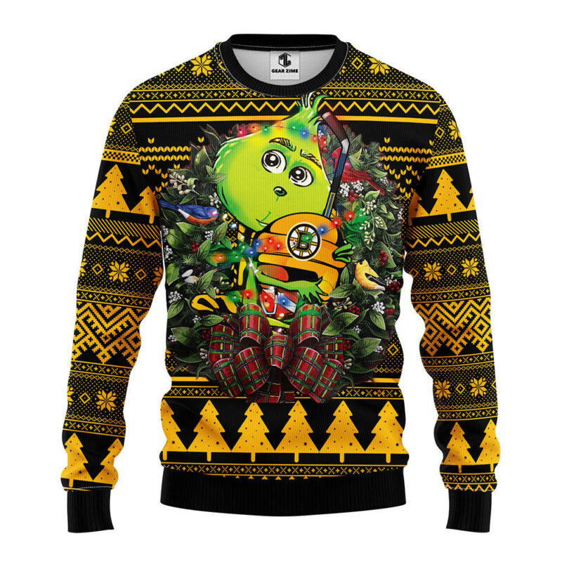 Boston Bruins Grinch Hug Ugly Christmas Sweater, Grinch Xmas Sweater