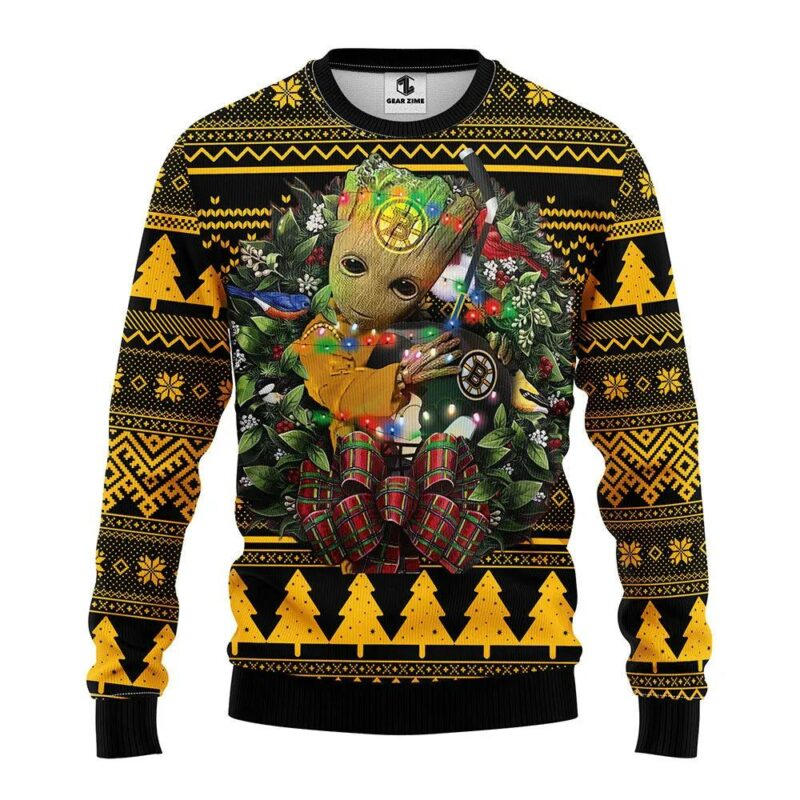 Boston Bruins Groot Hug Ugly Christmas Sweater, NHL Christmas Sweater