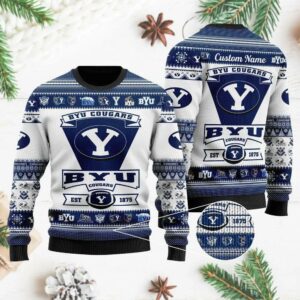 Byu Cougars Football Team Logo Custom Name Ugly Christmas Sweater, NCAA Christmas Sweater