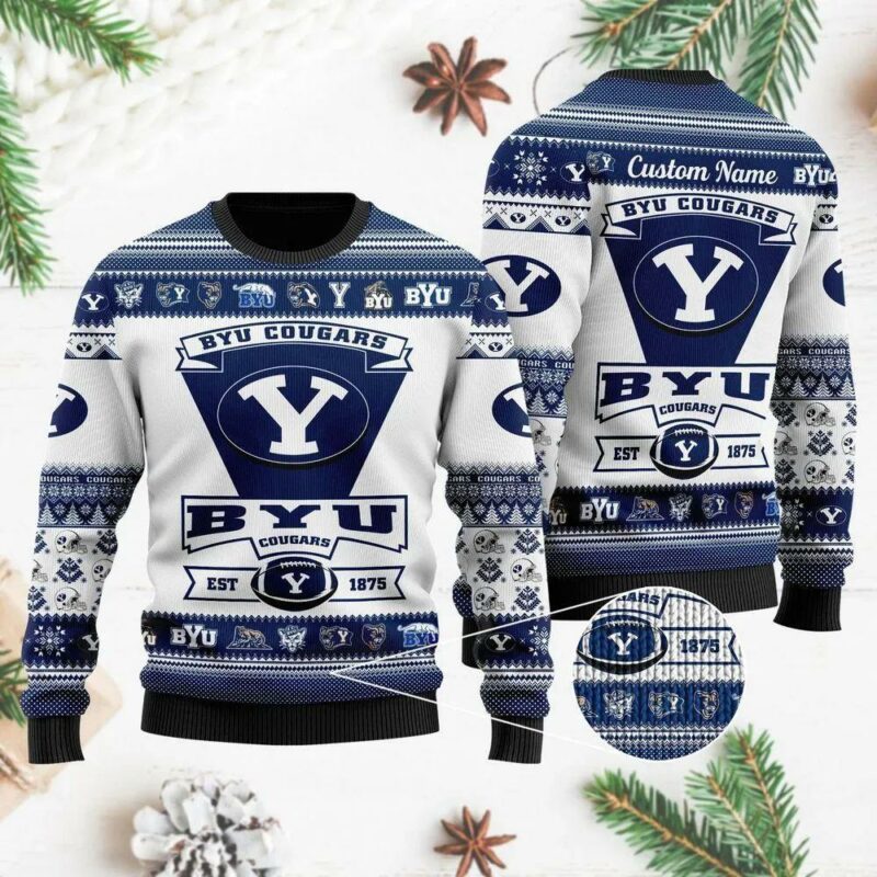 Byu Cougars Football Team Logo Custom Name Ugly Christmas Sweater, NCAA Christmas Sweater
