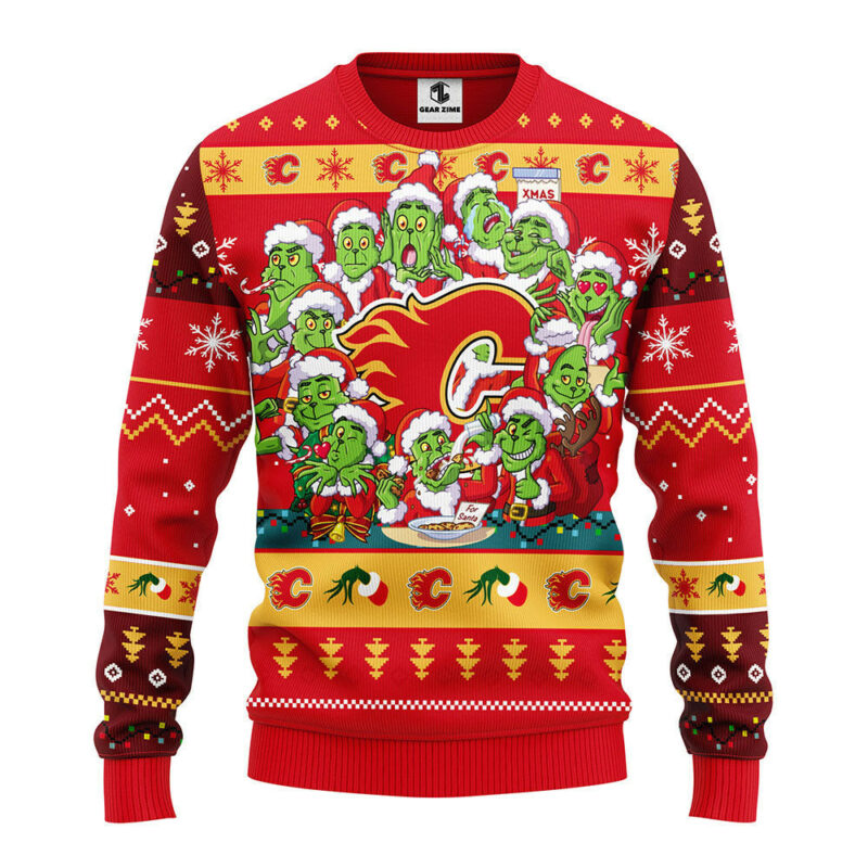 Calgary Flames 12 Grinch Xmas Day Ugly Christmas Sweater, Grinch Xmas Sweater
