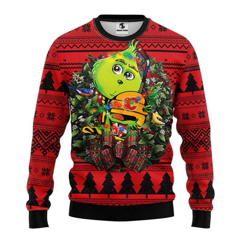 Calgary Flames Grinch Hug Ugly Christmas Sweater, Grinch Xmas Sweater