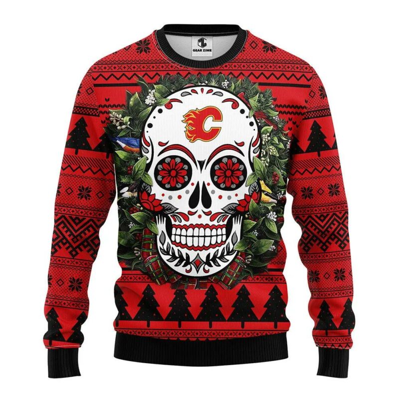Calgary Flames Skull Flower Ugly Christmas Sweater, NHL Christmas Sweater